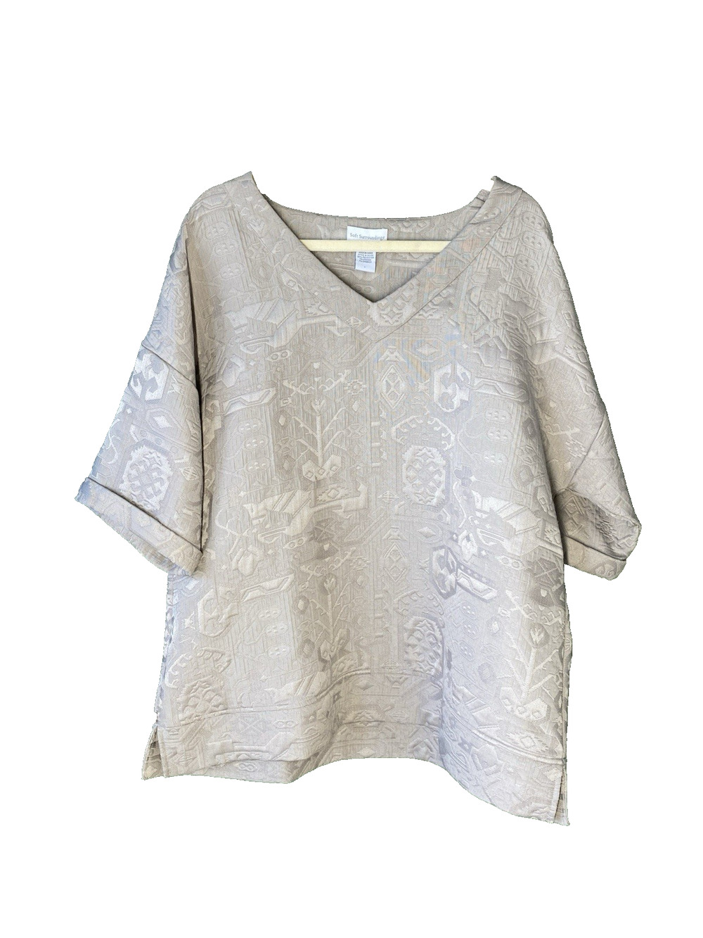 Soft Surroundings Shirt Womens Large Oversized Neutral Tan Jacquard Print Top